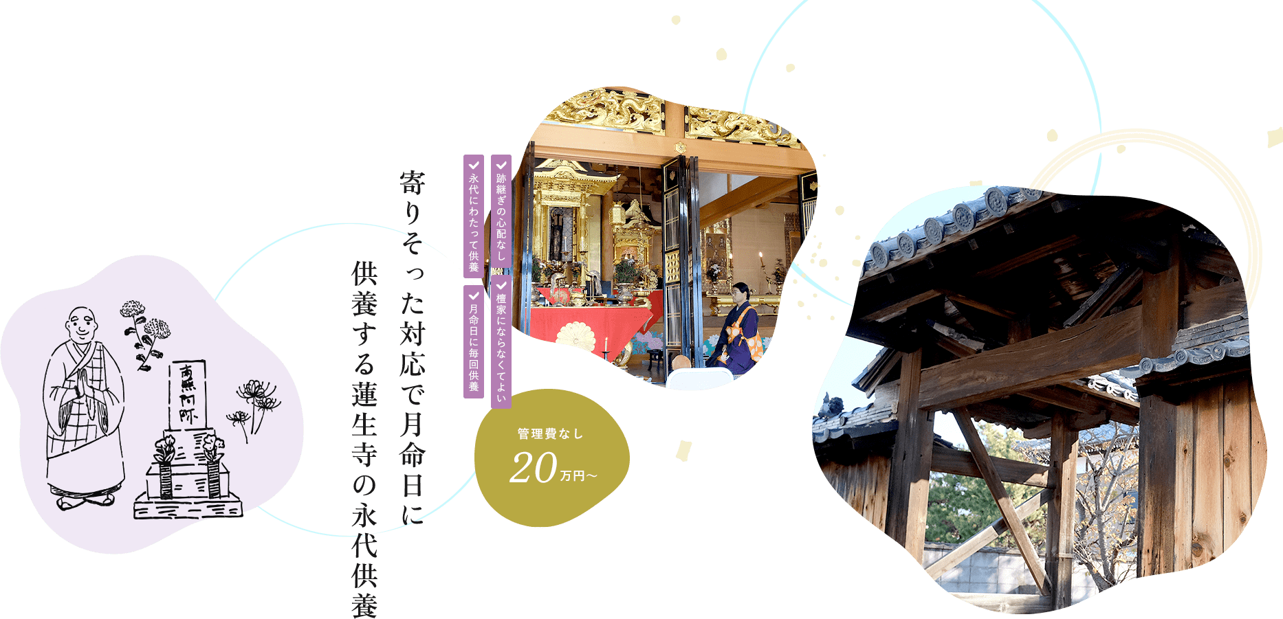 寄りそった対応で月命日に 供養する蓮生寺の永代供養 永代にわたって供養 跡継ぎの心配なし 月命日に毎回供養 檀家にならなくてよい 管理費なし 20万円〜